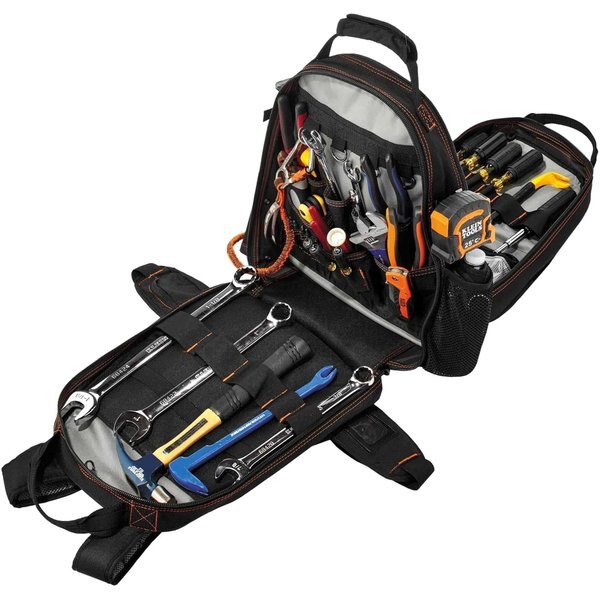 Tool Backpack Dual Compartment, Gray, 1200D Ballistic Polyester, 4 Molded ABS Plastic (Bases), Black