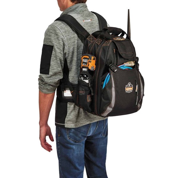 Tool Backpack Dual Compartment, Gray, 1200D Ballistic Polyester, 4 Molded ABS Plastic (Bases), Black