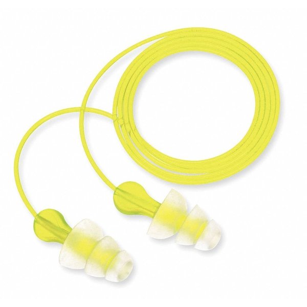 Tri-Flange Reusable Corded Ear Plugs, Fanged Shape, NRR 26 dB, M, Yellow/Clear, 100 Pairs
