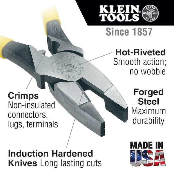 9 3/8 in Linemans Plier High Leverage w/ Wire Crimper, Steel