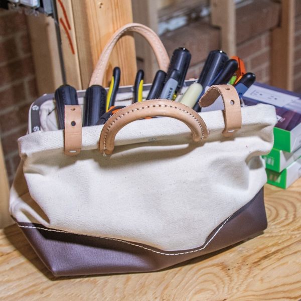 Wide-Mouth Tool Bag, #8 Natural Canvas, 1 Pockets, Maroon/Tan
