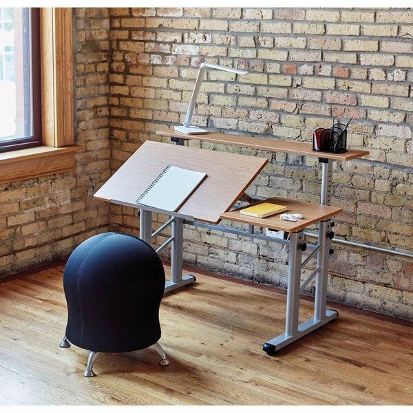 Rectangle Split Level Drafting Table, 47.25 X 29.75 X 37.25, Woodgrain Melamine Top, Medium Oak
