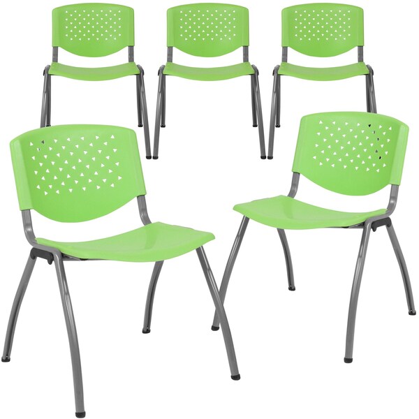 5 Pack HERCULES Series 880 lb. Capacity Green Plastic Stack Chair with Titanium Gray Powder Coated Frame