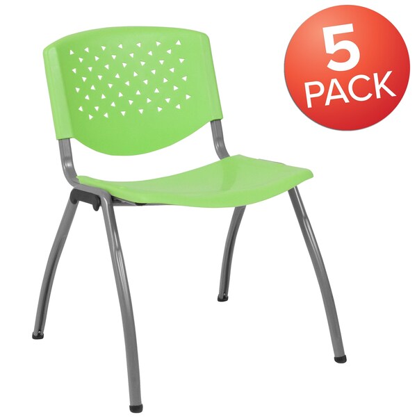 5 Pack HERCULES Series 880 lb. Capacity Green Plastic Stack Chair with Titanium Gray Powder Coated Frame