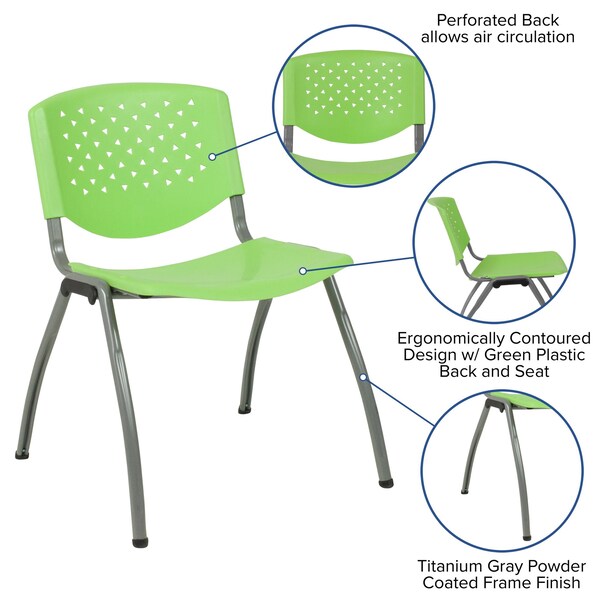 5 Pack HERCULES Series 880 lb. Capacity Green Plastic Stack Chair with Titanium Gray Powder Coated Frame
