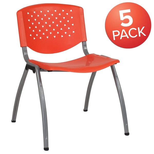 5 Pack HERCULES Series 880 lb. Capacity Orange Plastic Stack Chair with Titanium Gray Powder Coated Frame