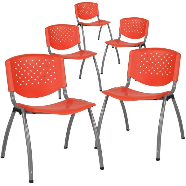 5 Pack HERCULES Series 880 lb. Capacity Orange Plastic Stack Chair with Titanium Gray Powder Coated Frame