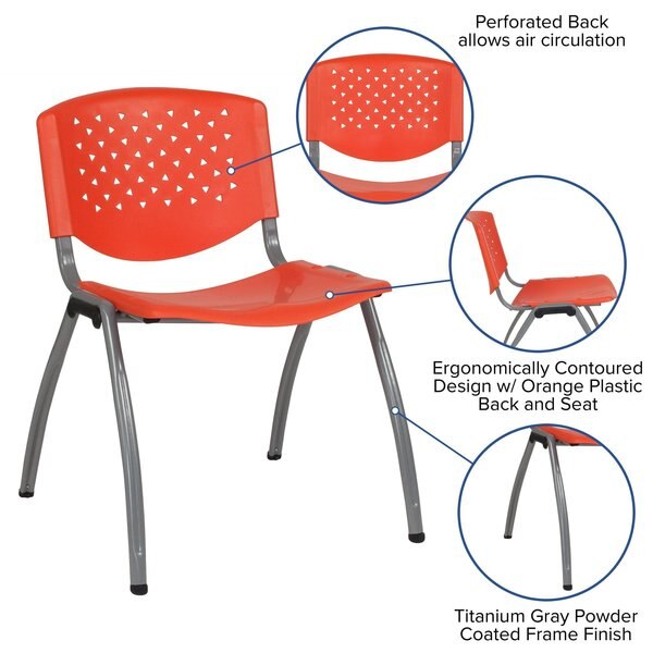 5 Pack HERCULES Series 880 lb. Capacity Orange Plastic Stack Chair with Titanium Gray Powder Coated Frame