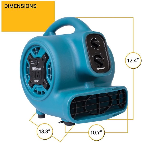 1/4 HP, 925 CFM, 2.3 Amps, 4 Positions, 3 Speeds Mini Mighty Air Mover with Power Outlets and 3-Hour Timer