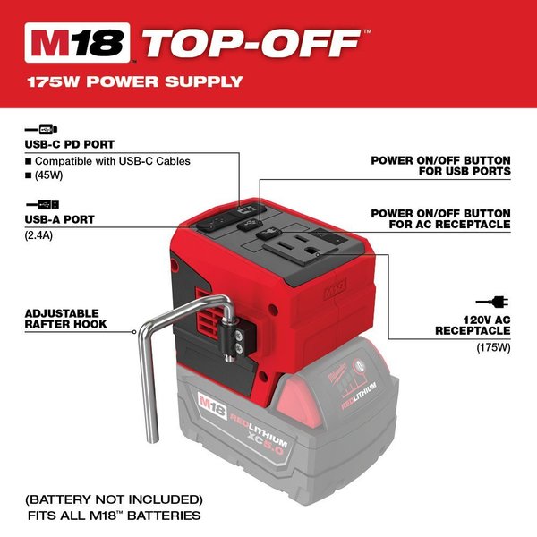 Power Supply, 175 W, 18V DC, 1 Outlet, 0.8 lb, For Use With Milwaukee M18 Batteries