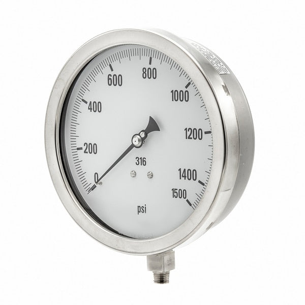Pressure Gauge, 0 to 1500 psi, 1/2 in MNPT, Stainless Steel, Silver