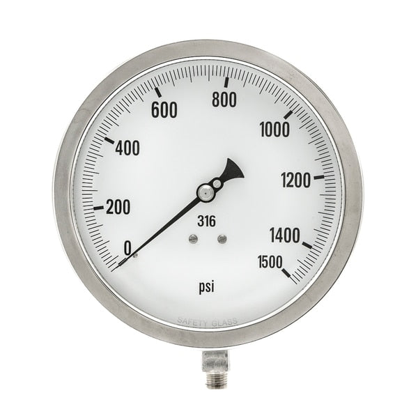 Pressure Gauge, 0 to 1500 psi, 1/2 in MNPT, Stainless Steel, Silver