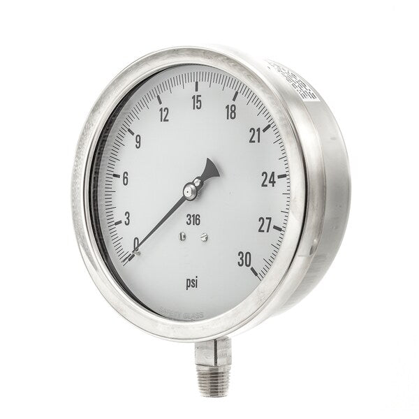 Pressure Gauge, 0 to 30 psi, 1/4 in MNPT, Stainless Steel, Silver