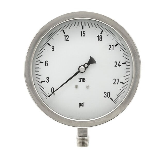 Pressure Gauge, 0 to 30 psi, 1/4 in MNPT, Stainless Steel, Silver