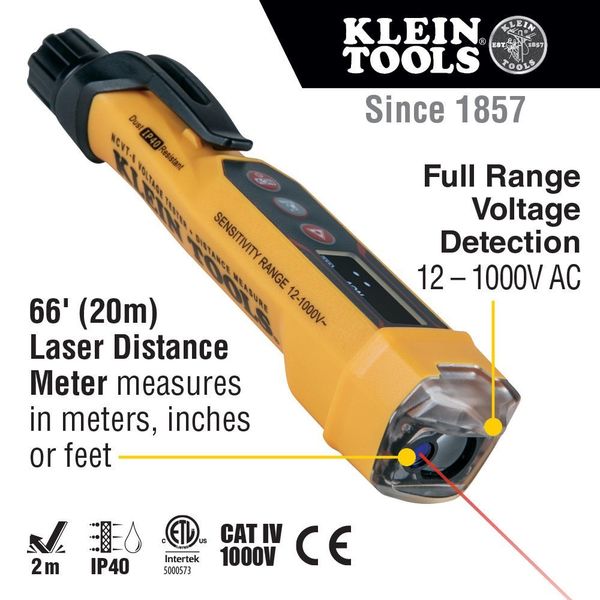 Non-Contact Voltage Tester Pen, 12-1000V AC, with Laser Distance Meter