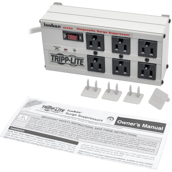 Surge Protector Strip, 6 Outlet, Gray