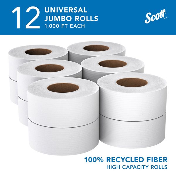 100% Recycled Fiber High-Capacity Jumbo Roll Toilet Paper, Non-perforated, (1,000'/Roll, 12 Rolls)