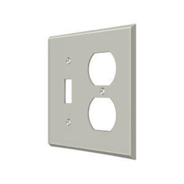 Single Switch/Double Outlet Switch Plate, Number of Gangs: 2 Solid Brass, Brushed Nickel Finish