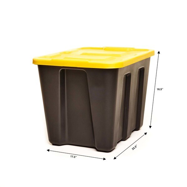 Storage Tote with Snap Lid, Black/Yellow, Polyethylene, 22 1/2 in L, 17 1/2 in W, 16 1/2 in H