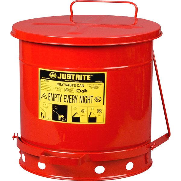 Oily Waste Can, 10 Gallon Capacity, Galvanized Steel, Red, Foot Operated Self Closing