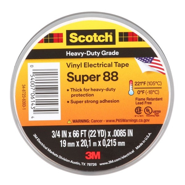 Vinyl Electrical Tape. Super 88, Scotch, 3/4 in L x 66 ft L, 8.5 mil thick, Black, 1 Pack
