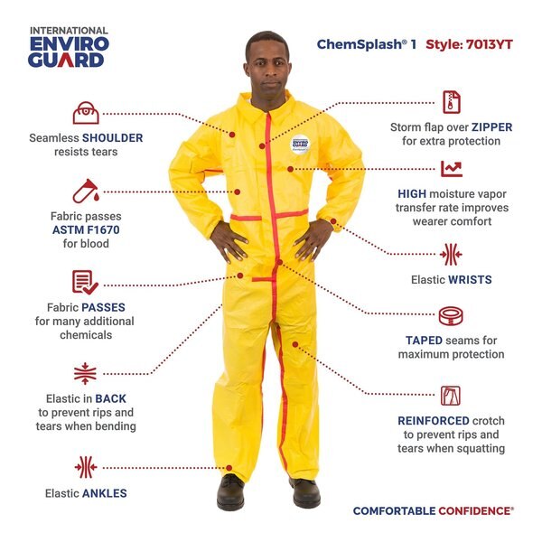 Collared Chemical Resistant Coveralls, Yellow, Zipper