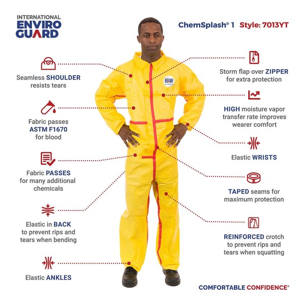 Collared Chemical Resistant Coveralls, Yellow, Zipper