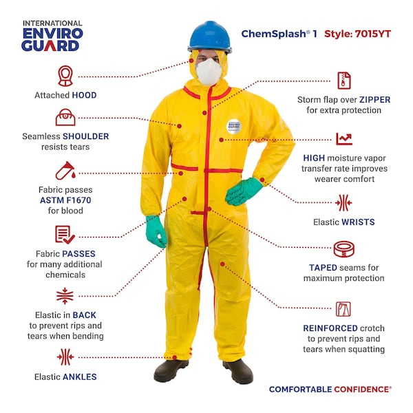 Hooded Chemical Resistant Coveralls, Yellow, Zipper