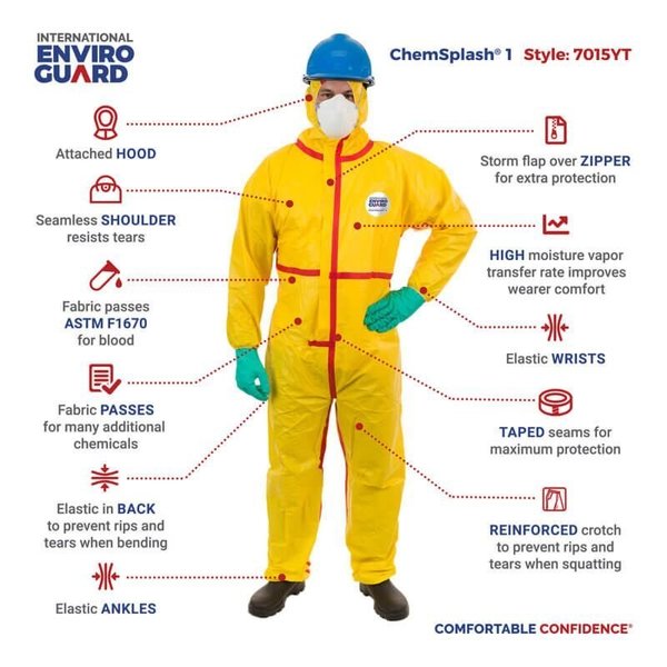 Hooded Chemical Resistant Coveralls, Yellow, Zipper