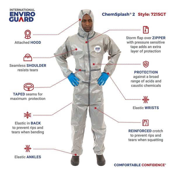 Hooded Chemical Resistant Coveralls, Gray, Zipper