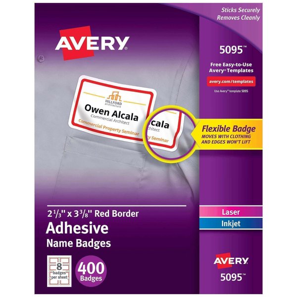 Adhesive Name Badges, Red Border, PK400