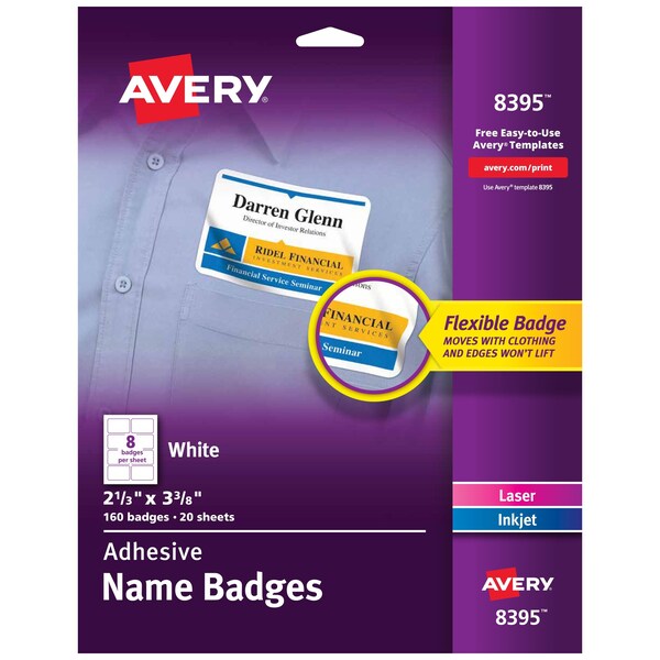 Flexible Name Tag Stickers, White, PK160