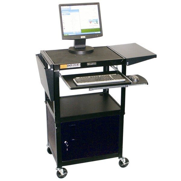 Adjust-Height Steel AV Cart, Pullout Keyboard Tray, Cabinet, Drop Leaf