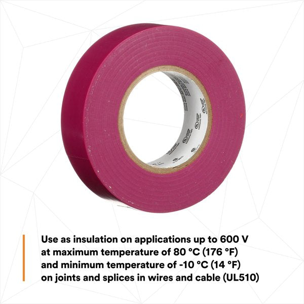 Elec Tape, 60 ft Lx3/4 in W, 6 mil, Purple