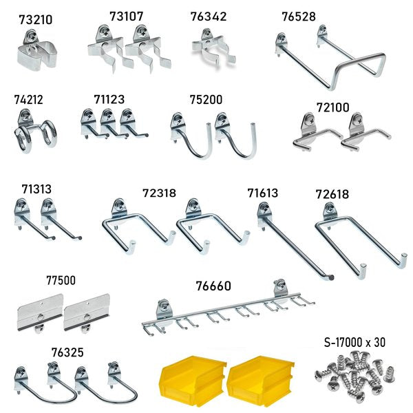 26 pc. Steel Pegboard Hook & Bin Assortment for 1/8 In. and 1/4 In. Pegboard (24 Asst Hooks & 2 Bins)
