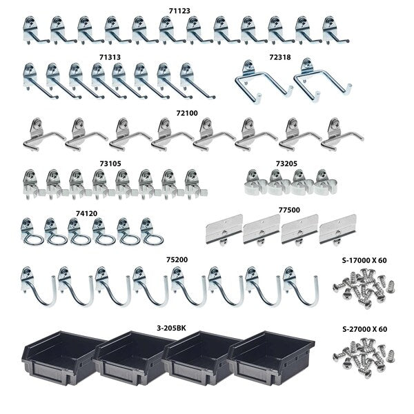64 pc. Steel Pegboard Hook & Bin Assortment for 1/8 In. and 1/4 In. Pegboard (60 Asst Hooks & 4 Bins)