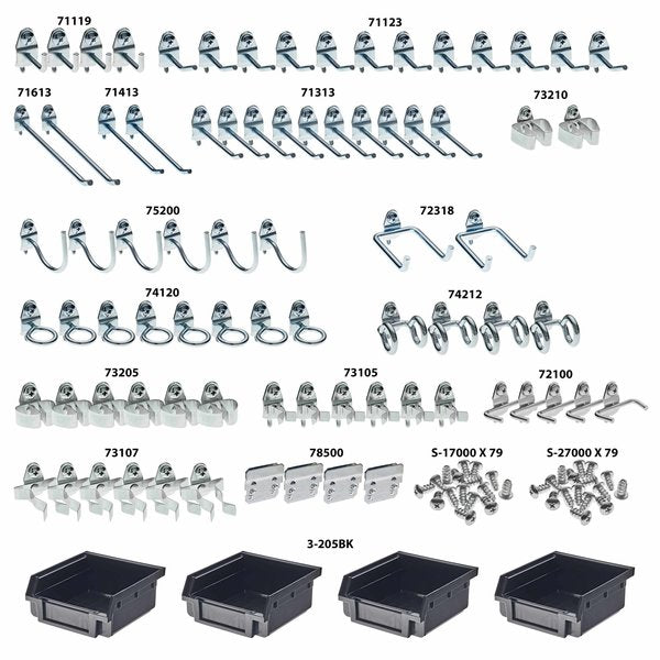 83 pc Steel Pegboard Hook & Bin Assortment for 1/8 In and 1/4 In Pegboard (79 Asst Hooks & 4 Bins)