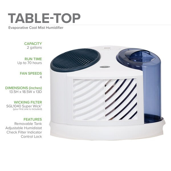 Portable Humidifier, -, 2 gal, 1,000 sq. ft., Tabletop, White/Blue