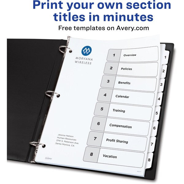 AveryÂ® Ready IndexÂ® Table of Contents Dividers 11132, 8-Tab Set
