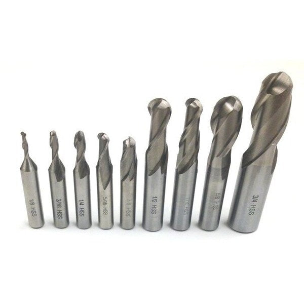 9 Piece 2 Flute Ball Nose End Mill Set