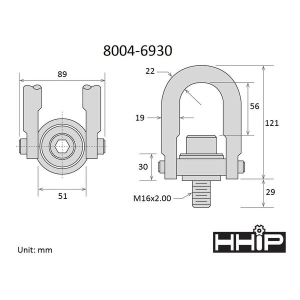 1900 kg Standard U-Bar Hoist Ring With M16 X 2.00 Thread