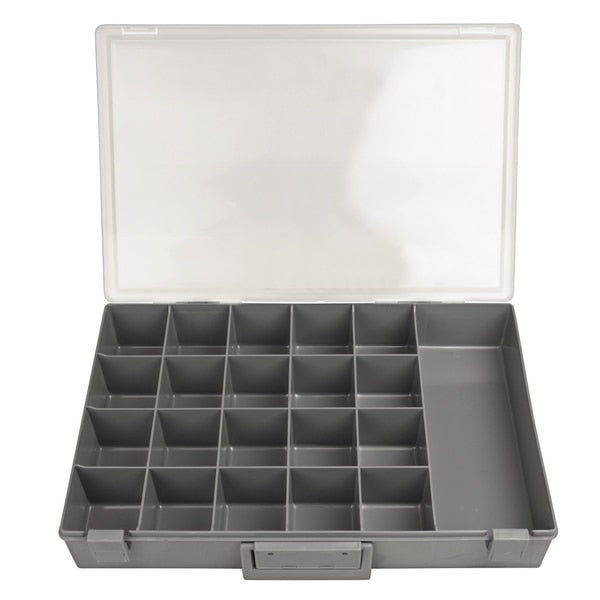 Gray Finish Lrg Plstc Tray 21 Hole W/Latches/Clr Lid