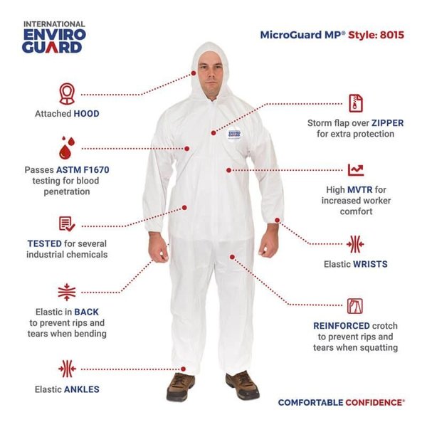 Hooded Disposable Coveralls, 25 PK, White, Fabric, Zipper