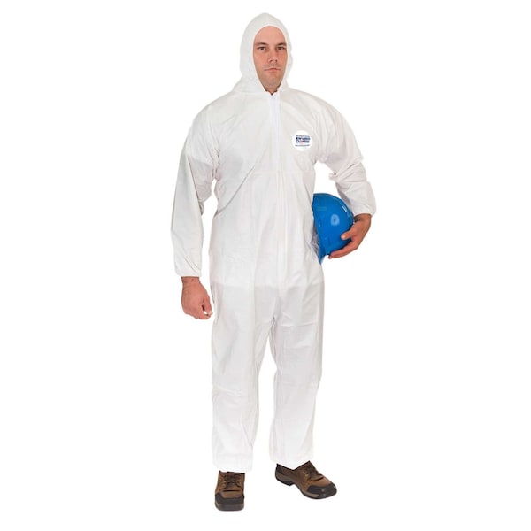 Coverall w Attached Hood, 5XL, White, PK25, 5XL, 25 PK, White, Microporous Fabric, Zipper