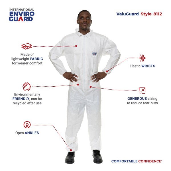 Coverall, Elastic Wrist & 5XL, White, PK25, 5XL, 25 PK, White, Zipper