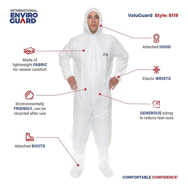 Coverall, w/Hood, Boot, 4XL, White, PK25
