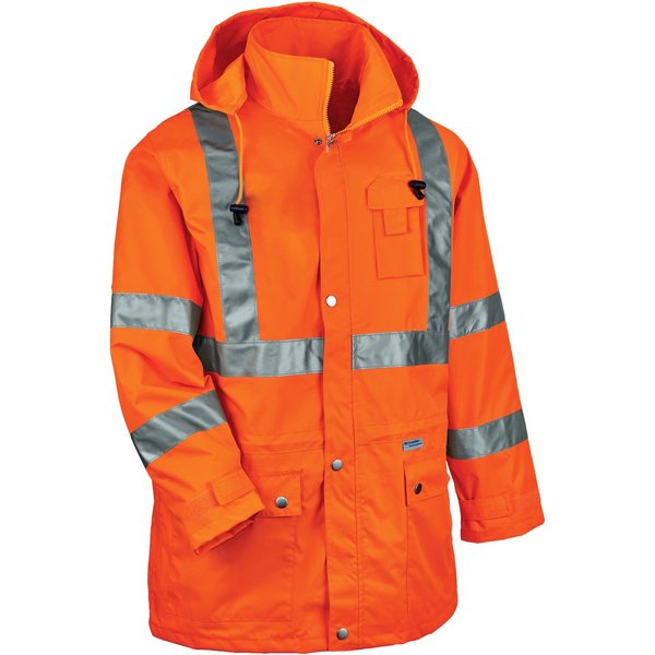 Rain Jacket w/Hood, Hi-Vis Orange, 3XL