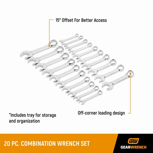 20 Pc. 12 Point Stubby Combination SAE/Metric Wrench Set