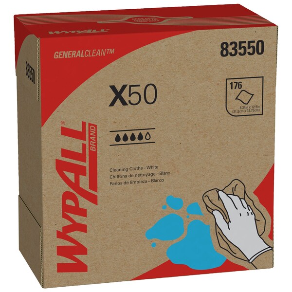 Dry Wipe, X50, Light Absorbency, Pop Up Box, Hydroknit, 8 1/4 in x 16 3/4 in, 176 Sheets, 10 Pack