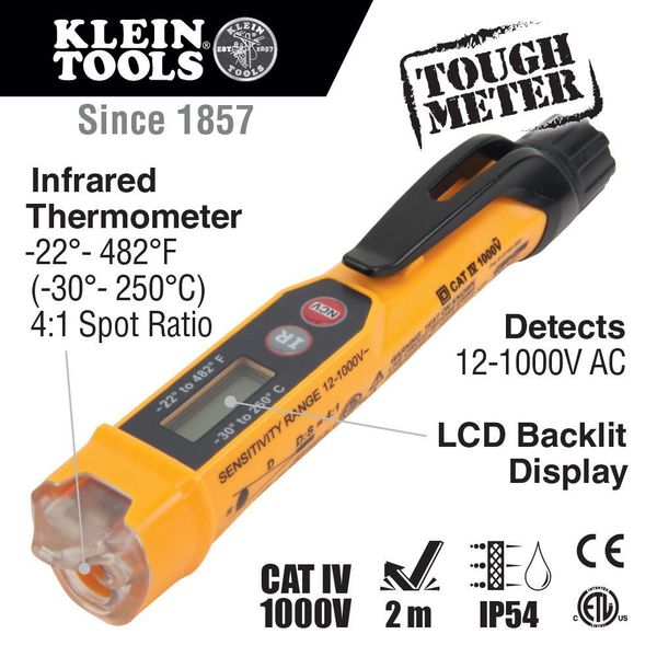 Non-Contact Voltage Tester Pen, 12-1000V, with Infrared Thermometer